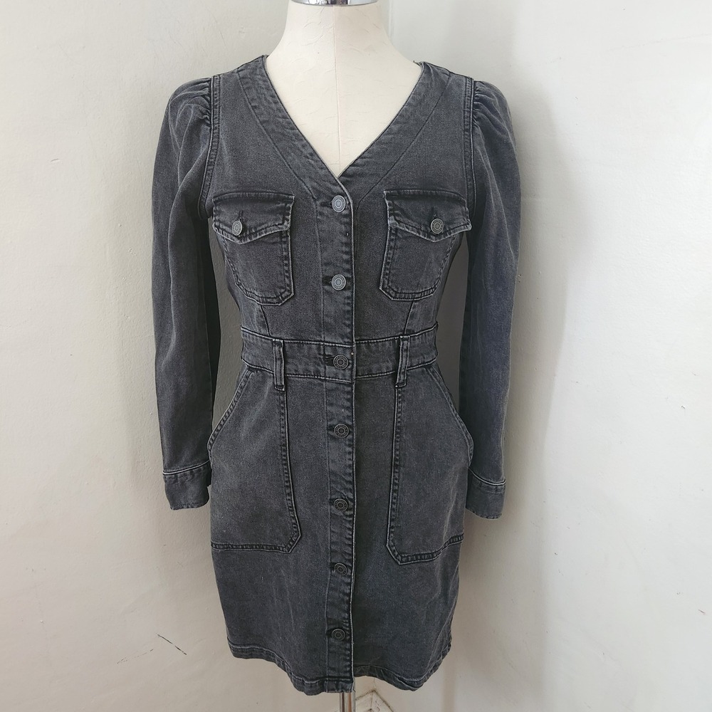 Gap Womens Black Denim Puff Sleeve Button Front Mini Dress 2 Petite